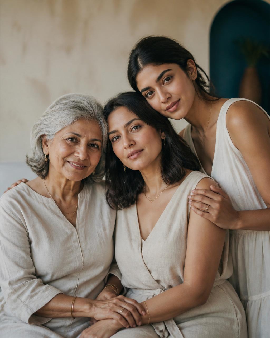 Three generations of women — grandmother, mother, and adult daughter — in warm natural light.