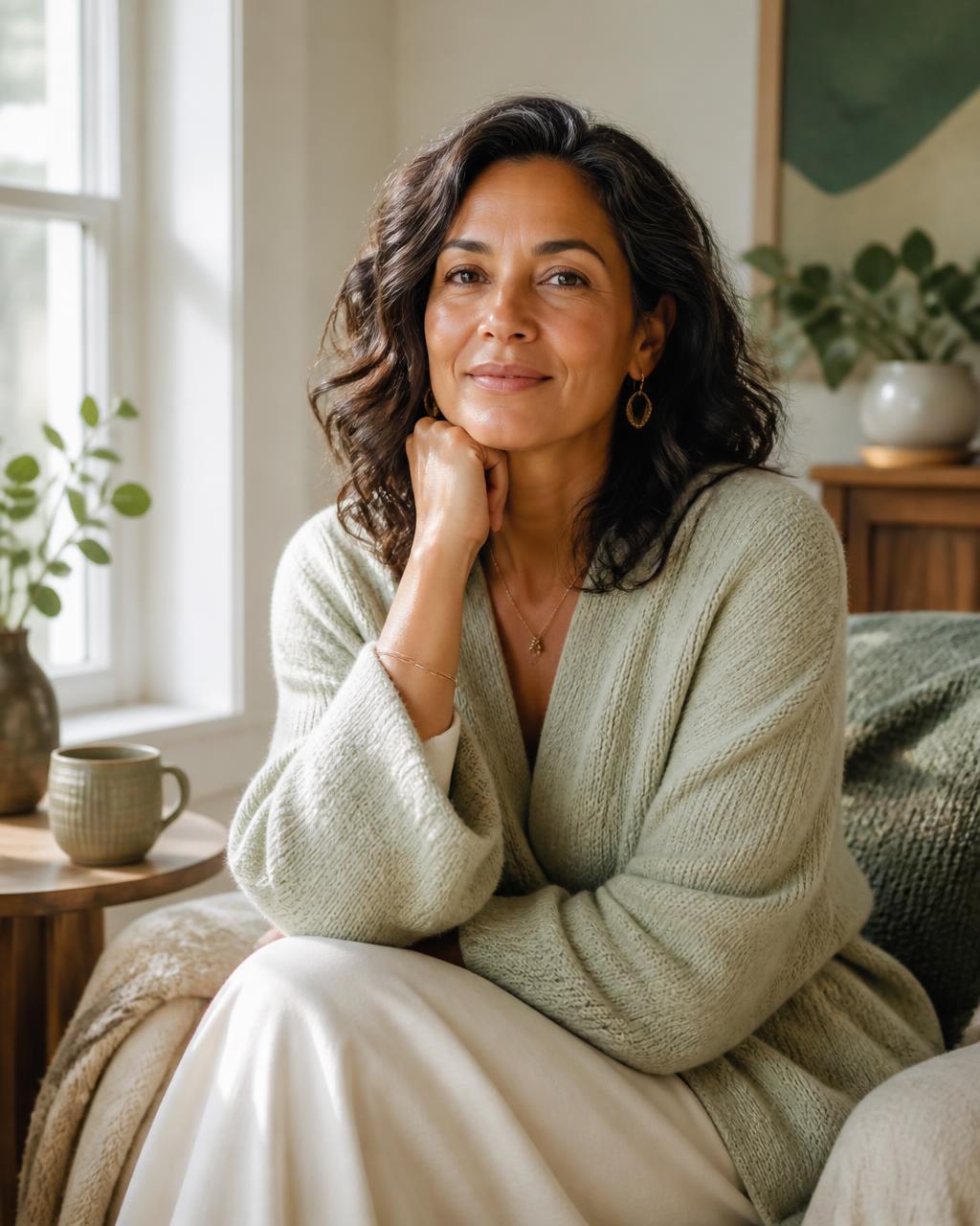 A confident woman in her forties sitting in a sunlit room